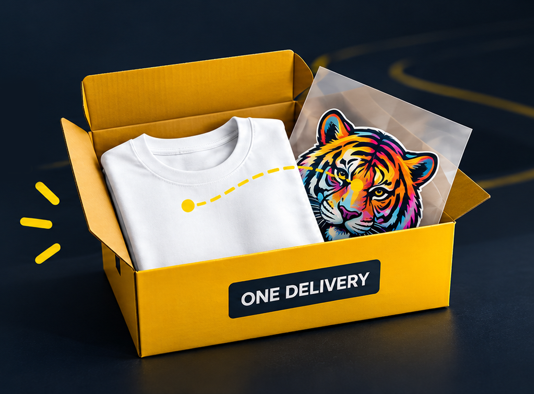 A Jiffy box holding a blank shirt and a colorful tiger transfer.